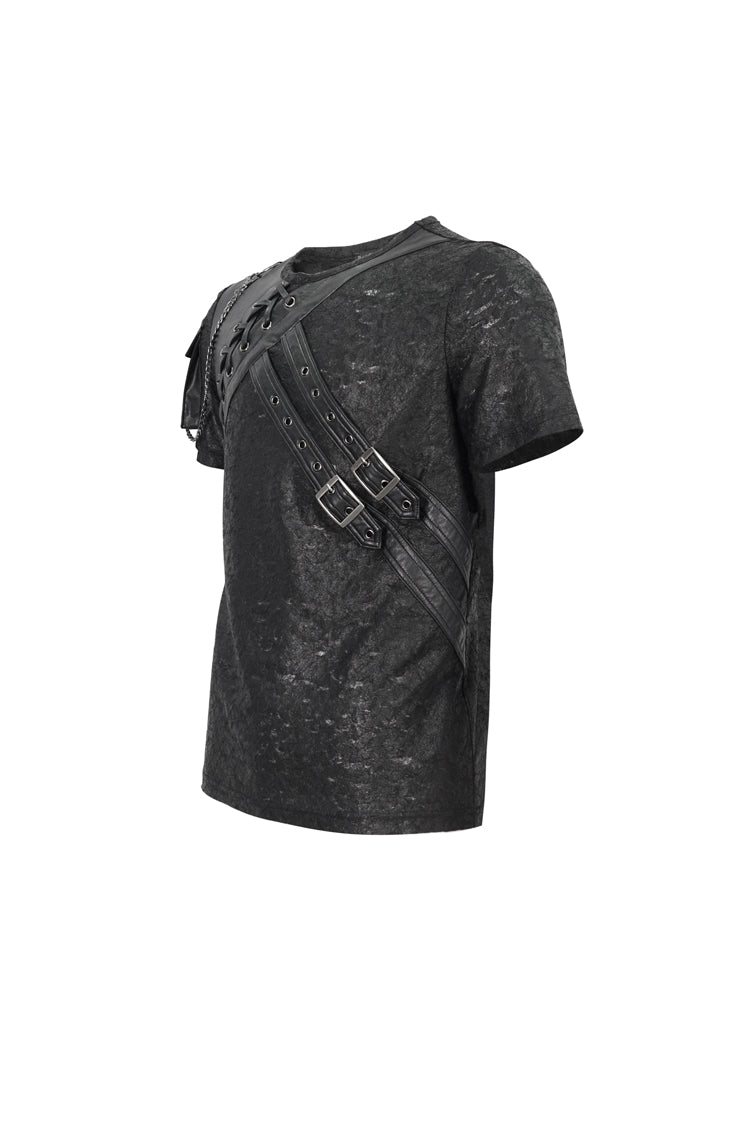 Black Print Buckle Splice Faux Leather Punk T-shirt