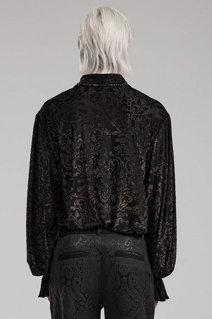 Black Lapel Collar Long Trumpet Sleeves Bronzing Pattern Print Gothic Blouse