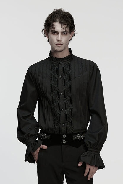 Black Stand Collar Long Sleeves Ruffle Embroidery Pleated Gothic Blouse