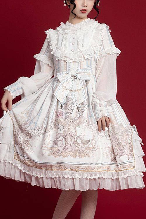 Round Collar Ruffled Long Sleeves Reunion World Print Classic Lolita Op Dress