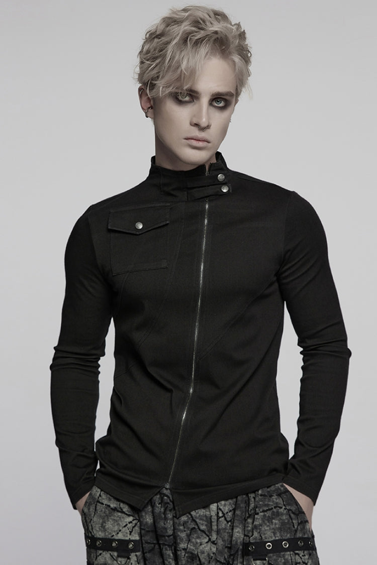 Black Stand Collar Long Sleeves Asymmetric Zipper Punk Blouse