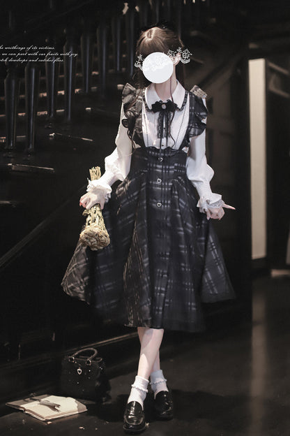 Black Plaid Print Classic College Style Lolita Strap Dress