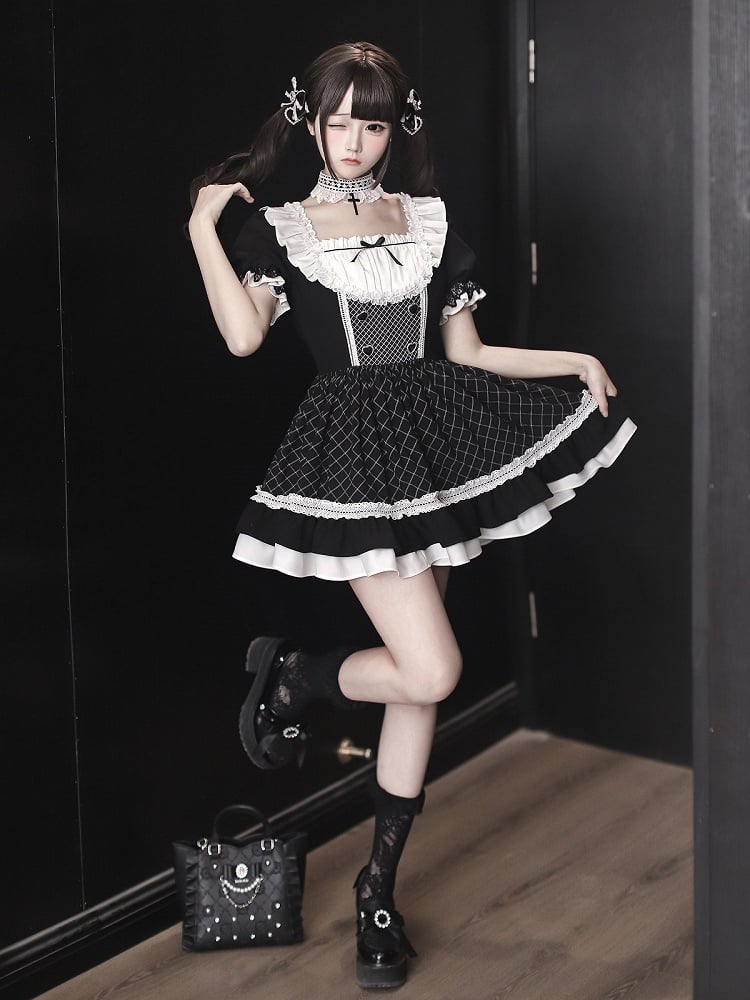 [order Deadline: May 15] Black X White Lace Ruffle Maid Dress Full Set + Cross Choker