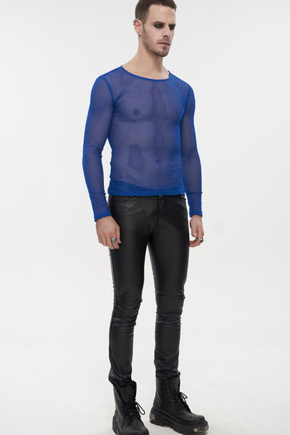 Blue Gothic Elasticity High Neck Long Sleeve Mesh Shirt