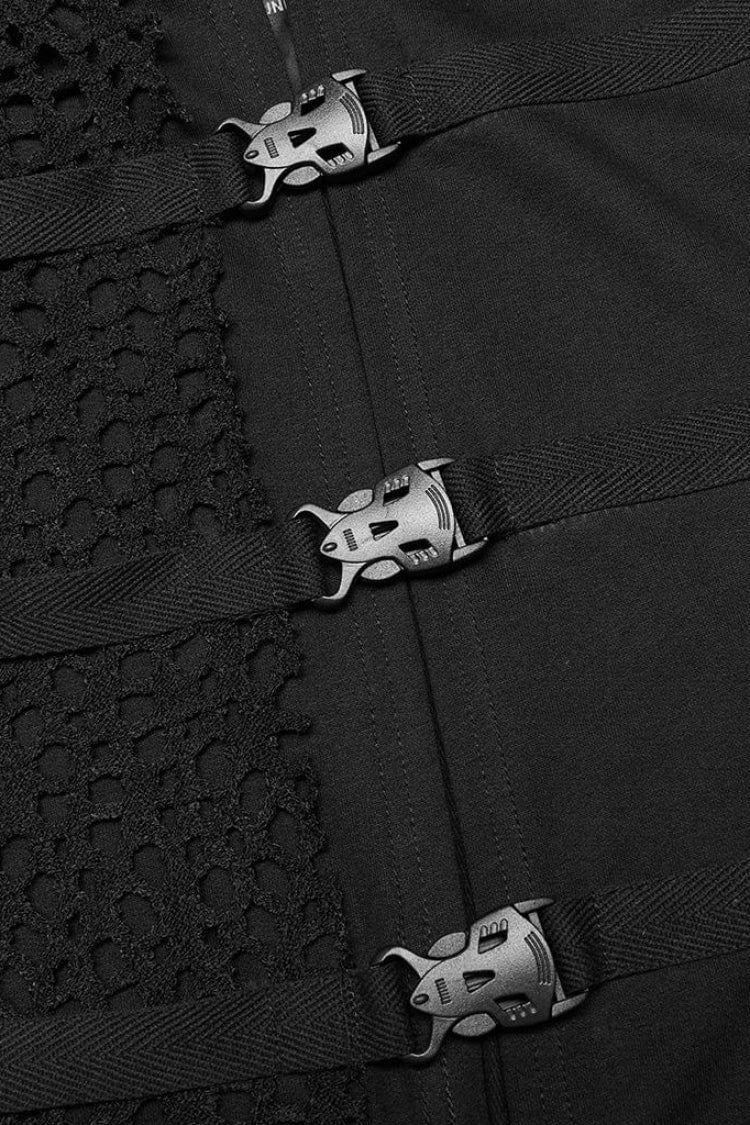 Black Lapel Collar Stitching Irregular Hem Webbing Buckle Steampunk Vest