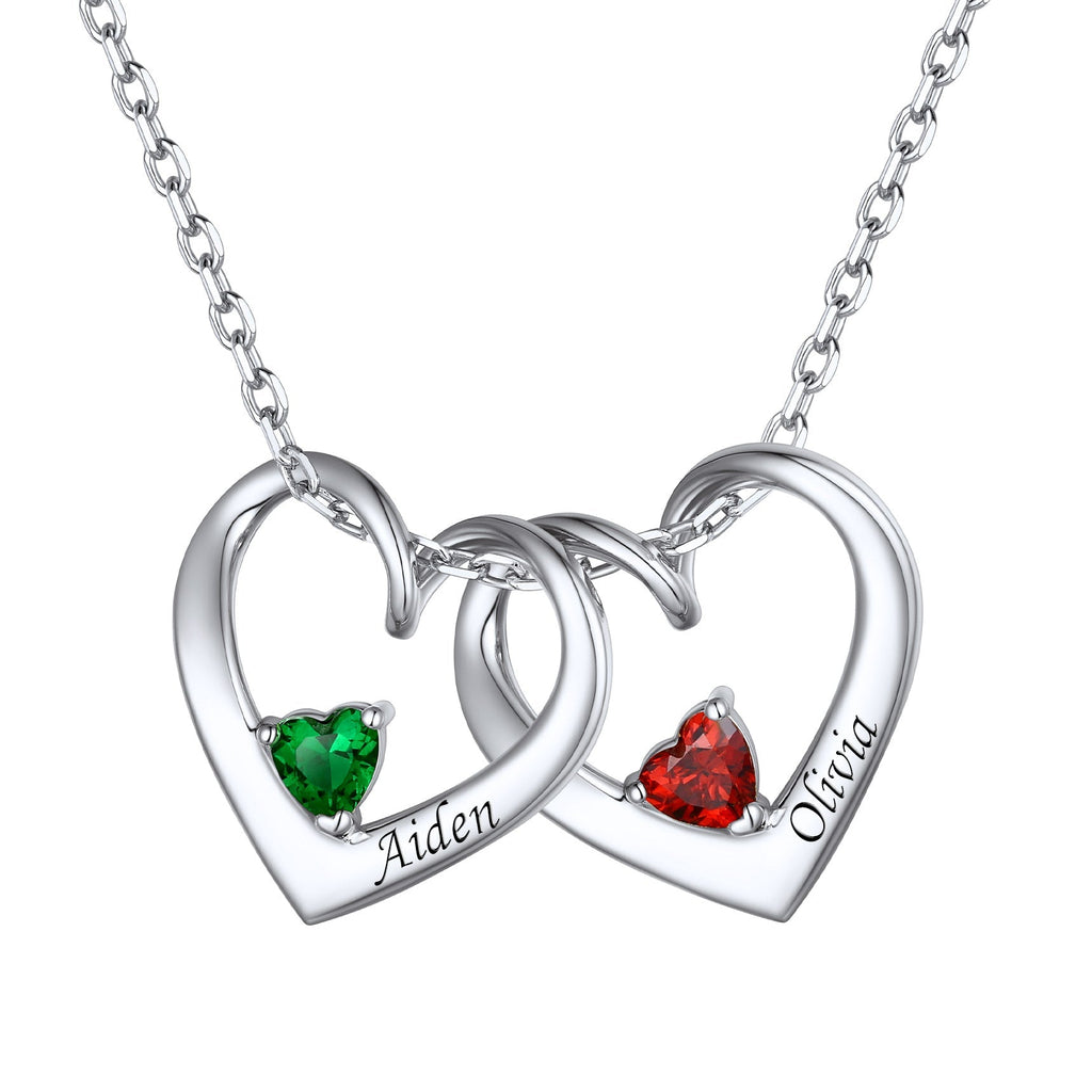 Sterling Silver Personalized 1-5 Hearts Birthstones Necklace for Family