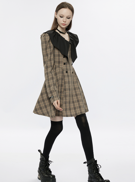 Pointed Ruffle Collar French Plaid Dress
