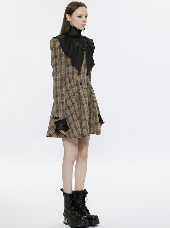 Pointed Ruffle Collar French Plaid Dress