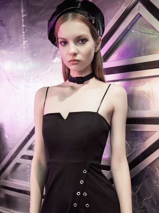 Eyelets Slit Black Slip Dress