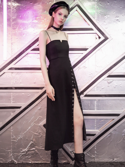 Eyelets Slit Black Slip Dress
