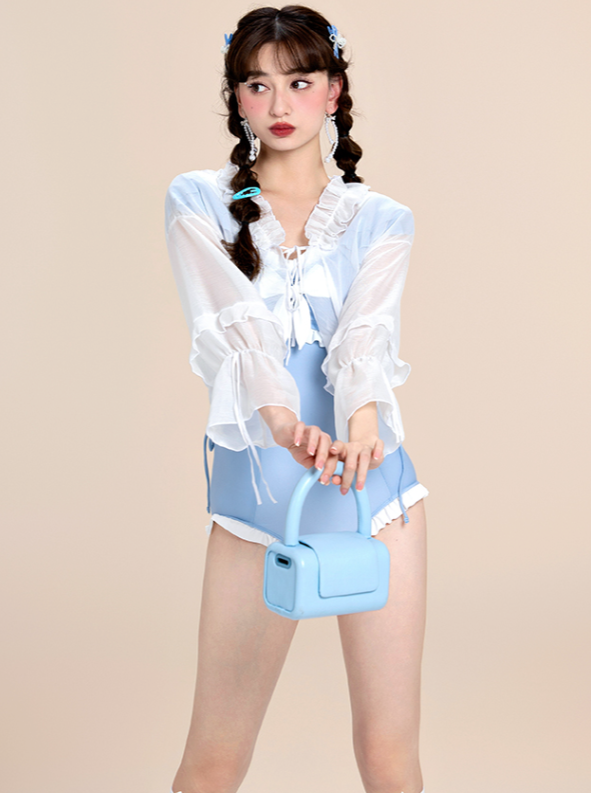 French Blue Ruffle Ribbon All in Swimsuit
