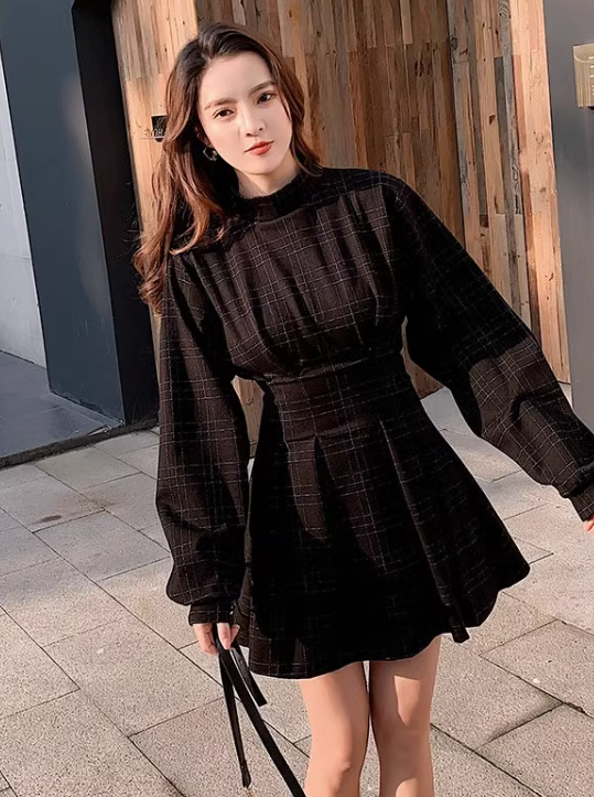 Stand Collar Plaid Pattern Tuck Dress