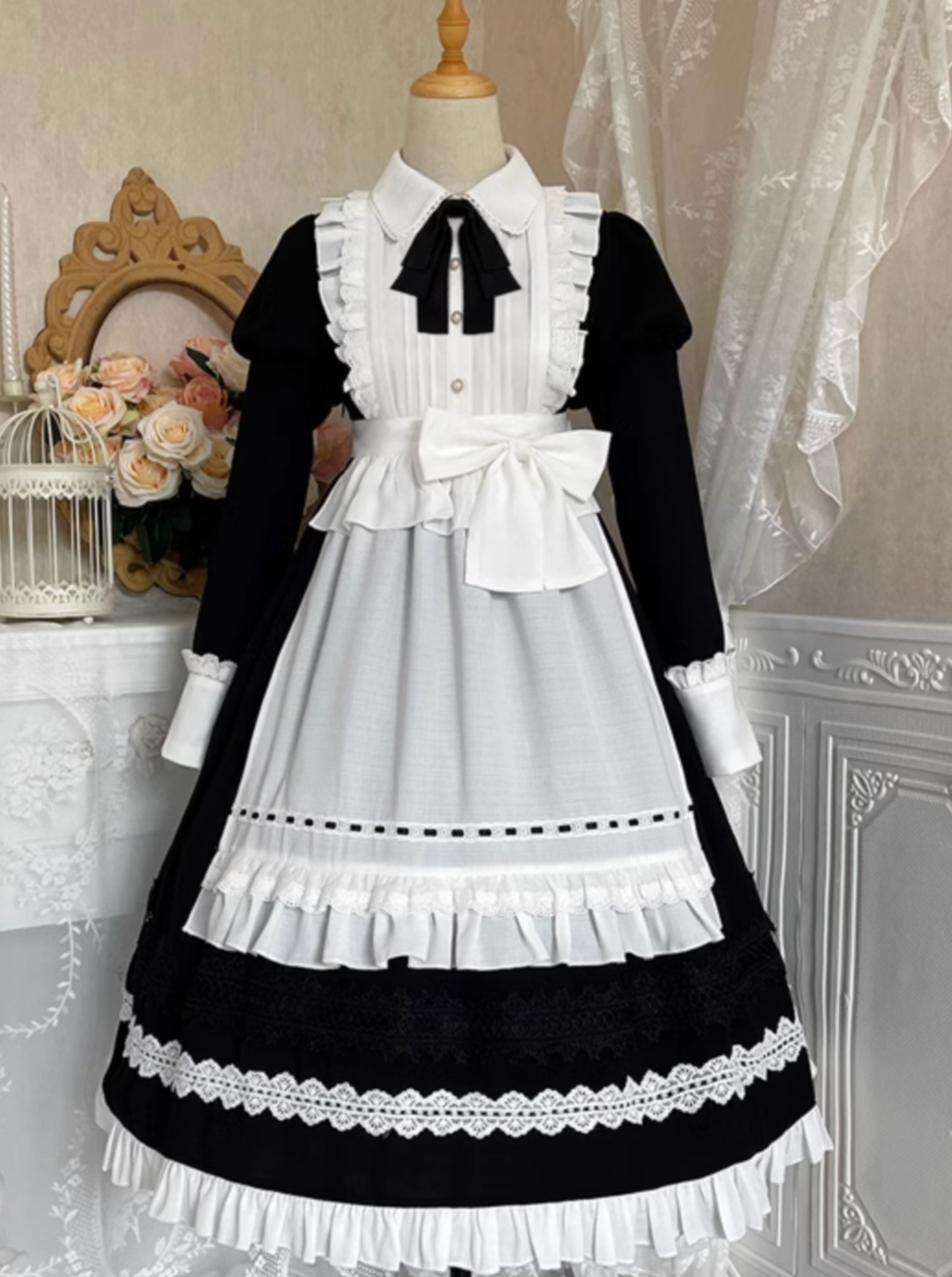 Front Ribbon Lantern Long Sleeve Maid Dress + Ruffle Big Ribbon Apron