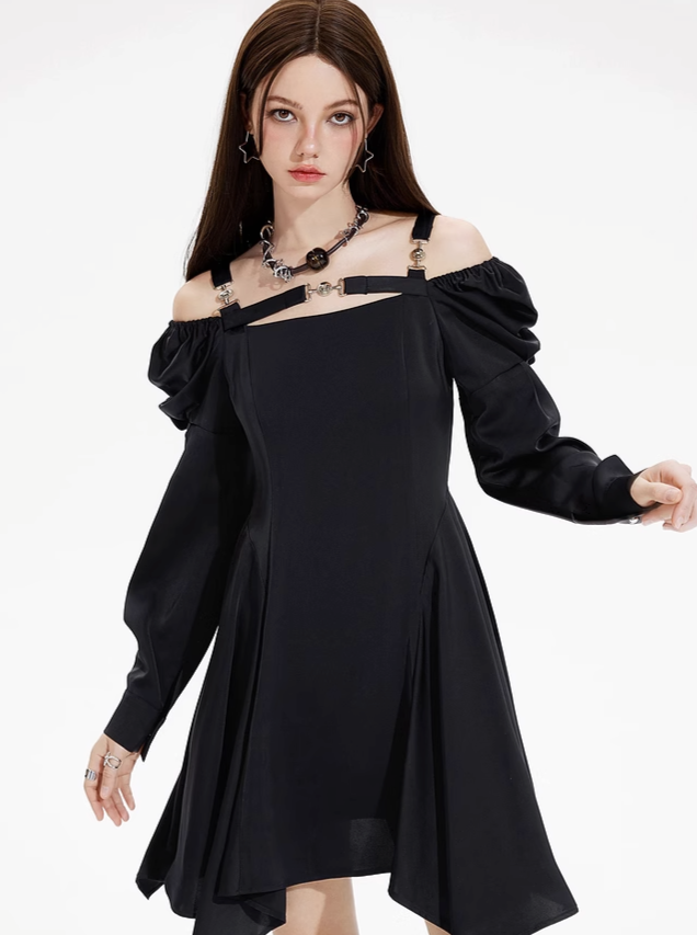 Strapless Puff Sleeve Black Dress