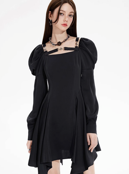 Strapless Puff Sleeve Black Dress