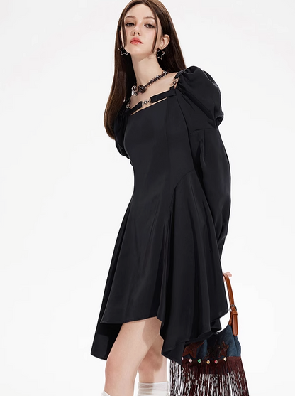 Strapless Puff Sleeve Black Dress