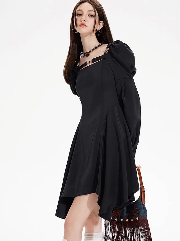 Strapless Puff Sleeve Black Dress