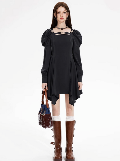 Strapless Puff Sleeve Black Dress