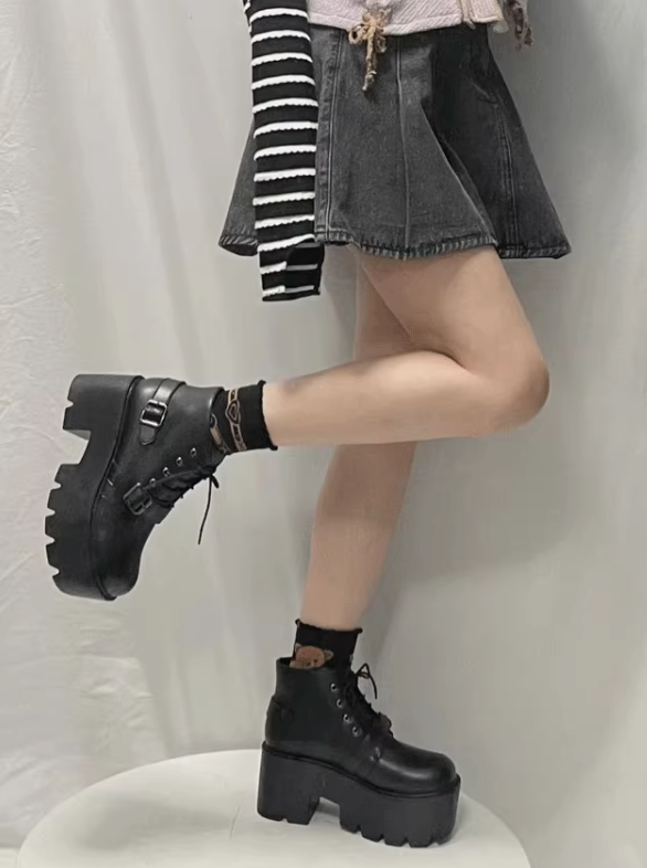 Lace Up Back Belt Leather Platform Boots