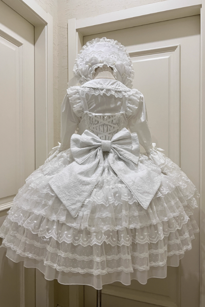[pre-order] White Sugar Doll Princess Sleeve Suspender Dress Suit + Bonnet Hat