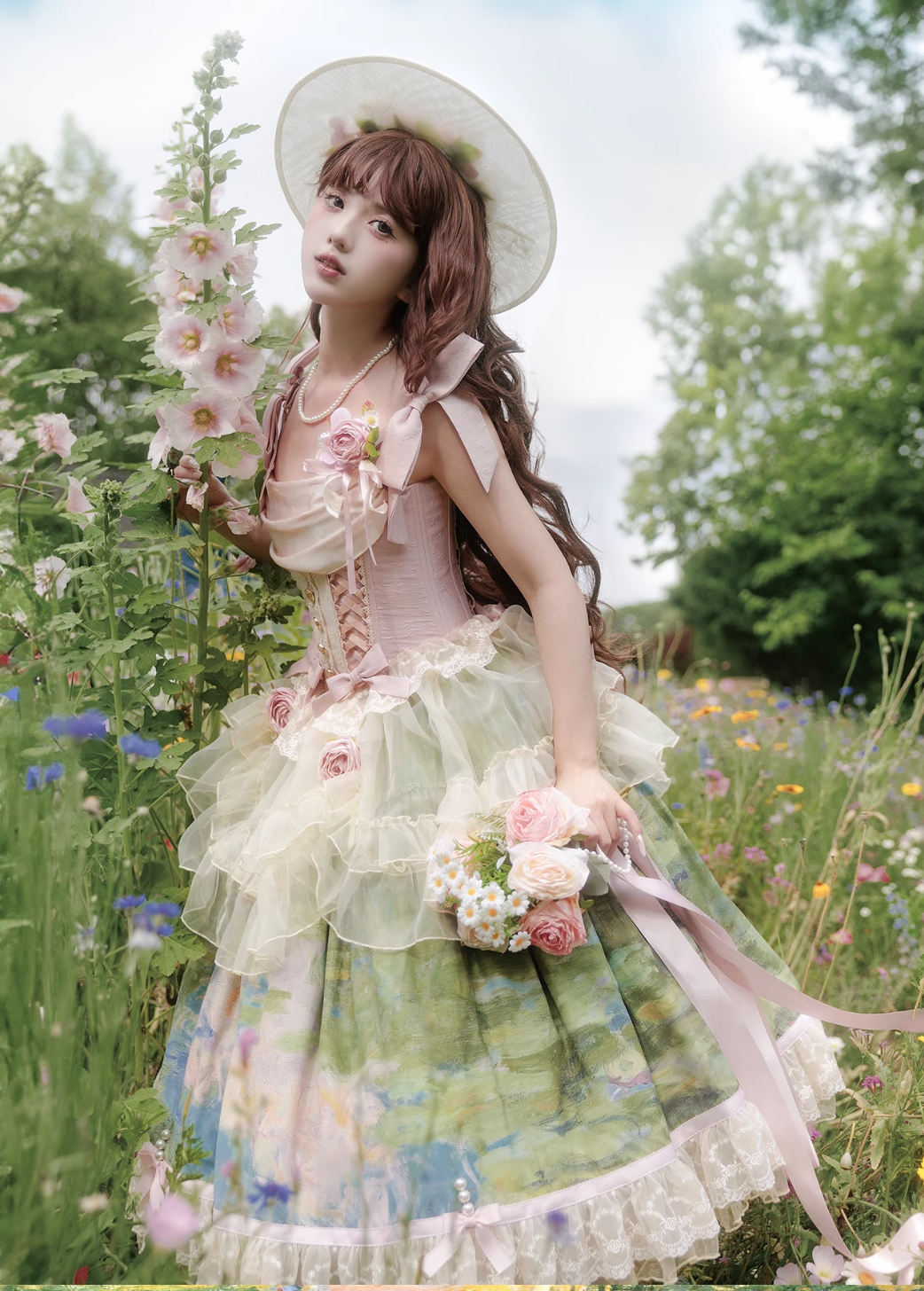 [pre-order Deadline: July 4] Monet Garden Oil Handle Classical Bustier Top + Skirt + Tulle Veil + Ribbon