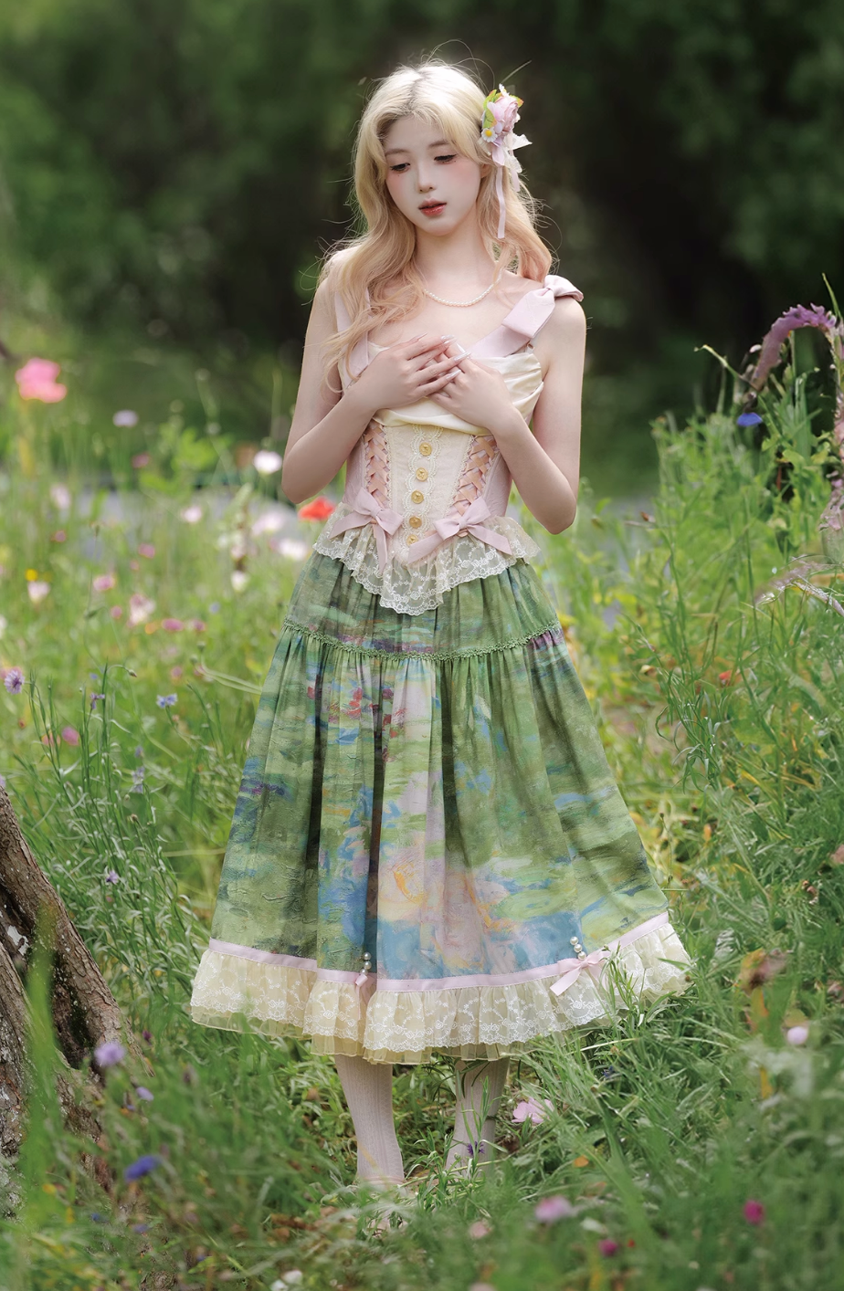 [pre-order Deadline: July 4] Monet Garden Oil Handle Classical Bustier Top + Skirt + Tulle Veil + Ribbon