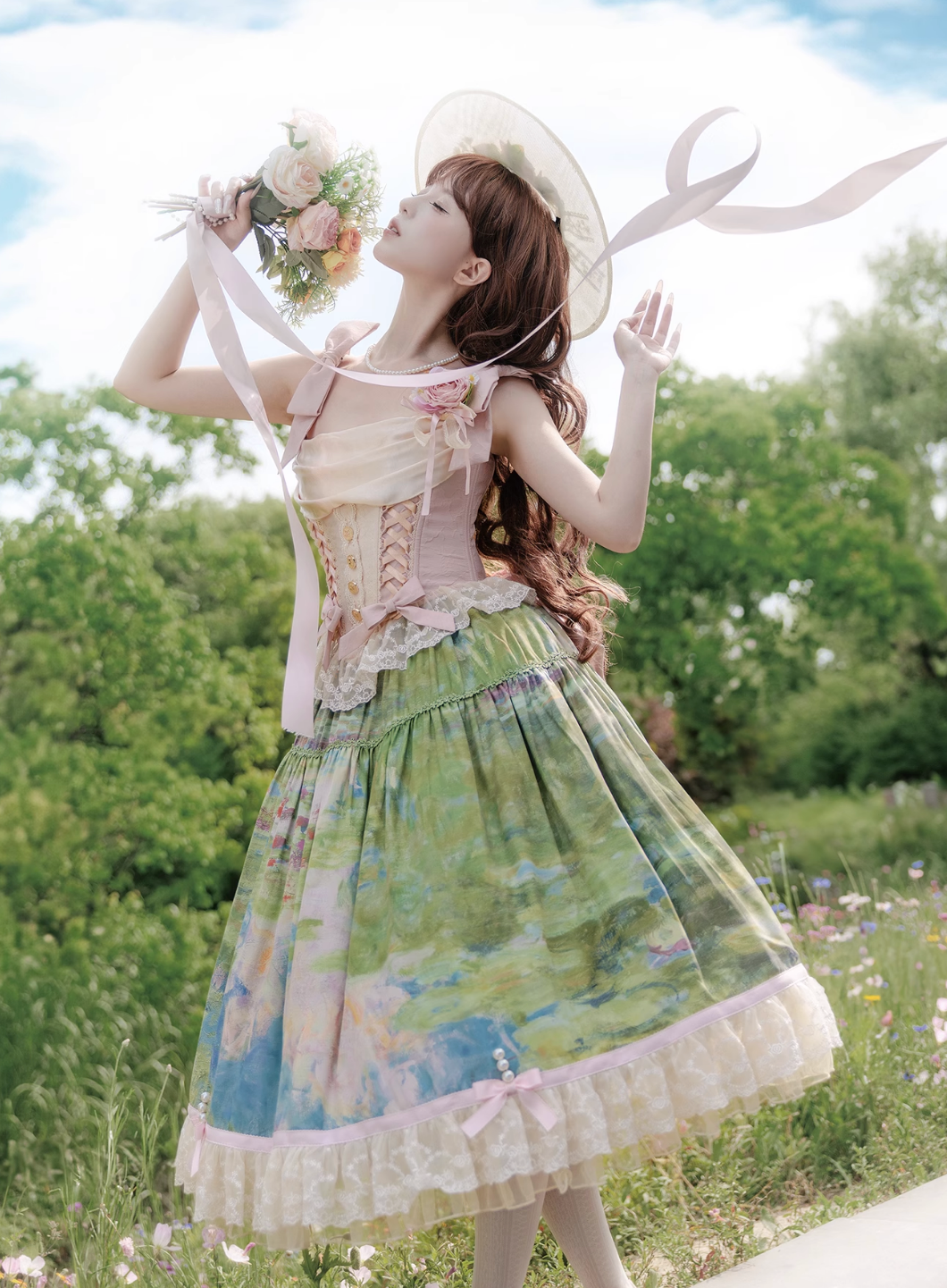 [pre-order Deadline: July 4] Monet Garden Oil Handle Classical Bustier Top + Skirt + Tulle Veil + Ribbon