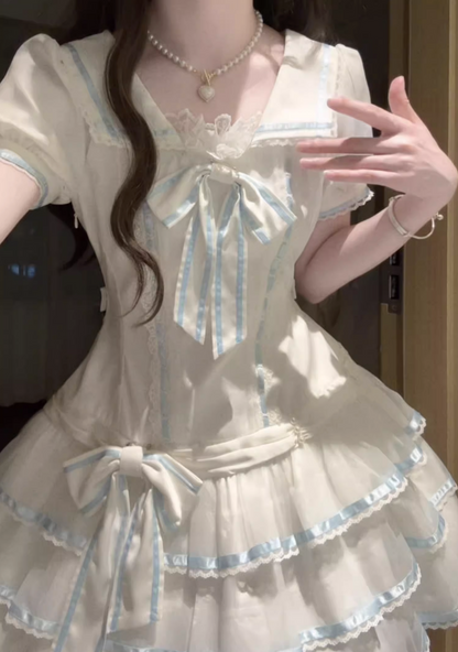 [pre-order] Sea Salt Rabbit Aqua Sailor Dress Set + Headband + Ribbon Headband