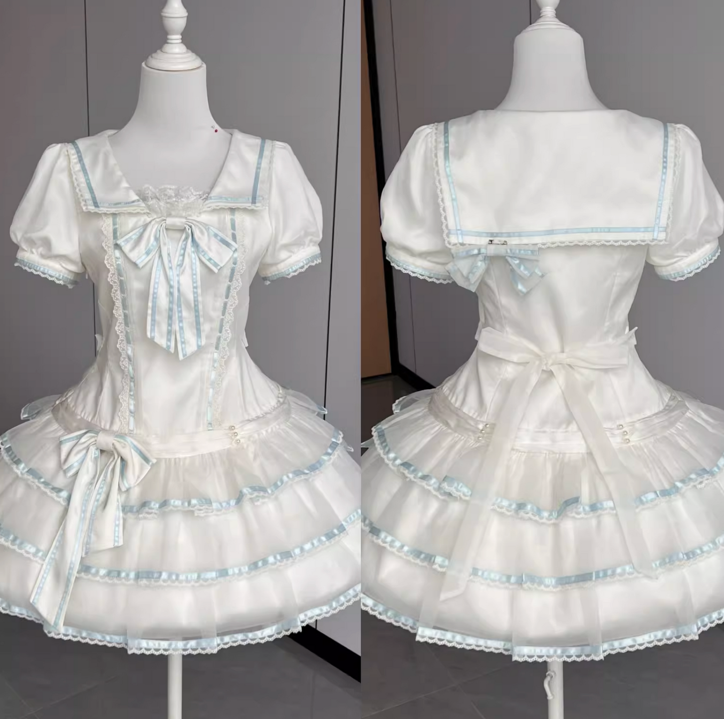 [pre-order] Sea Salt Rabbit Aqua Sailor Dress Set + Headband + Ribbon Headband