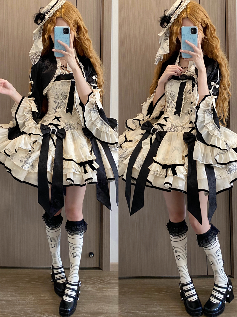 [pre-order] Brandy French Pearl Bustier Dress + Black Jacquard Jacket + Accessories
