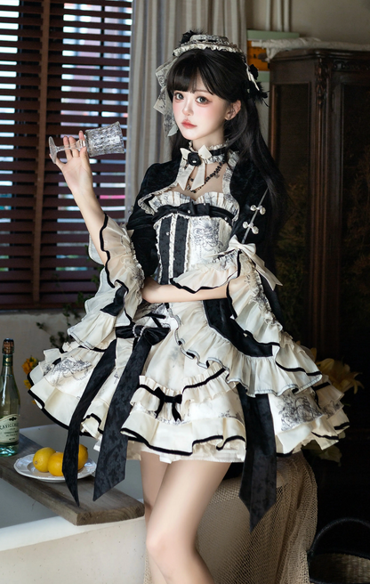[pre-order] Brandy French Pearl Bustier Dress + Black Jacquard Jacket + Accessories