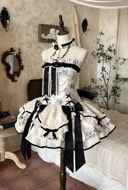 [pre-order] Brandy French Pearl Bustier Dress + Black Jacquard Jacket + Accessories