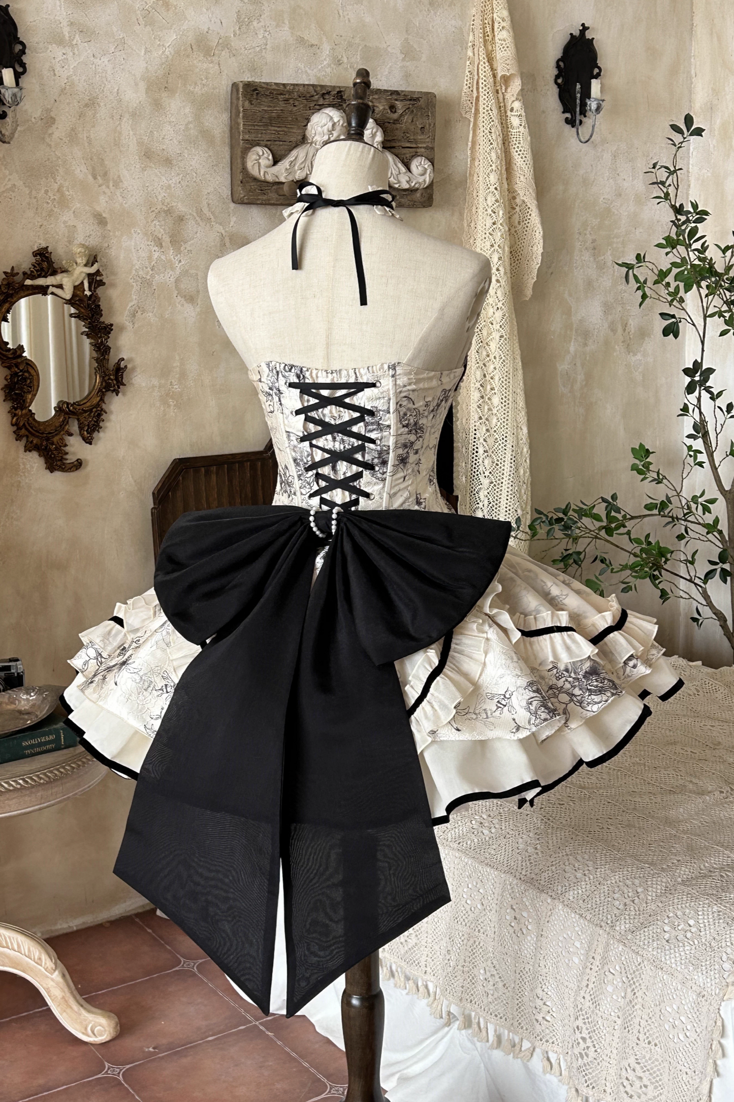 [pre-order] Brandy French Pearl Bustier Dress + Black Jacquard Jacket + Accessories