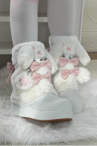 Thick-soled Boots With Rabbit-ear Fur Ribbon
