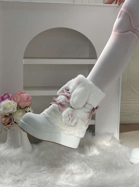 Thick-soled Boots With Rabbit-ear Fur Ribbon