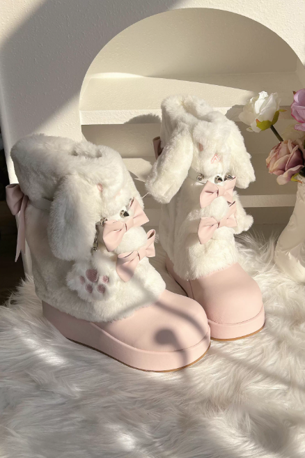 Thick-soled Boots With Rabbit-ear Fur Ribbon