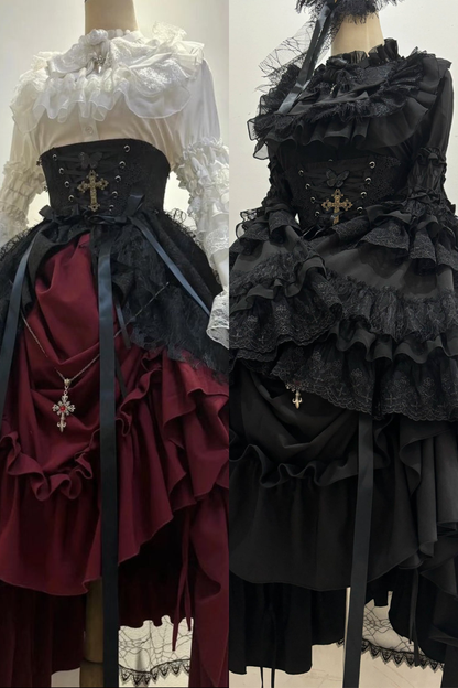 Gothic Super Jisleeve Lolita Shirt + Ruffle Skirt + Hat