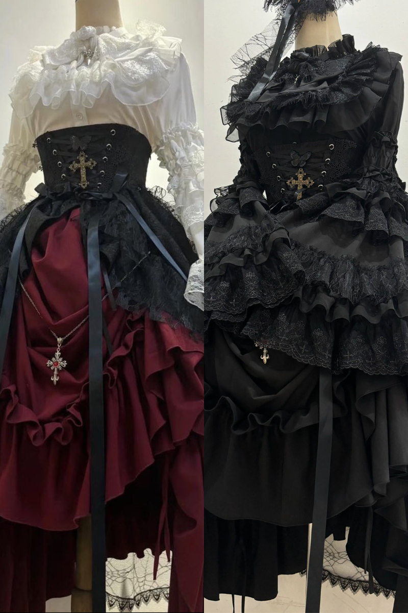 Gothic Super Jisleeve Lolita Shirt + Ruffle Skirt + Hat