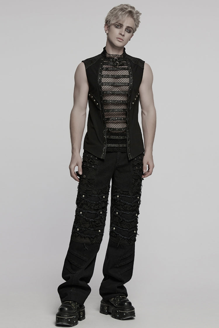 Black Sleeveless Stitching Mesh Eyelet Straps Punk Vest