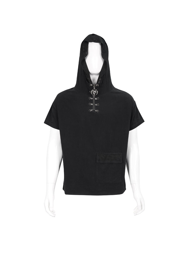 Black Hooded Mesh Splice Zipper Back Openwork Lace-up Short Sleeve Punk T-shirt