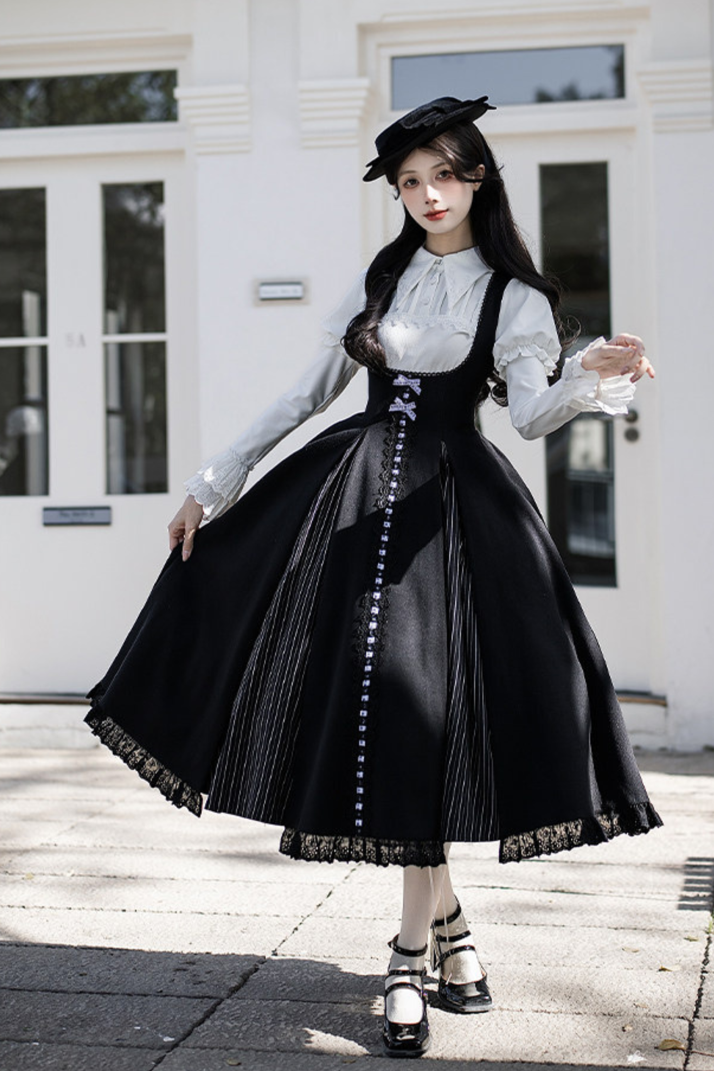 Sweet Lolita Flare Jumper Skirt + Tops + Hat + Ribbon + Collar