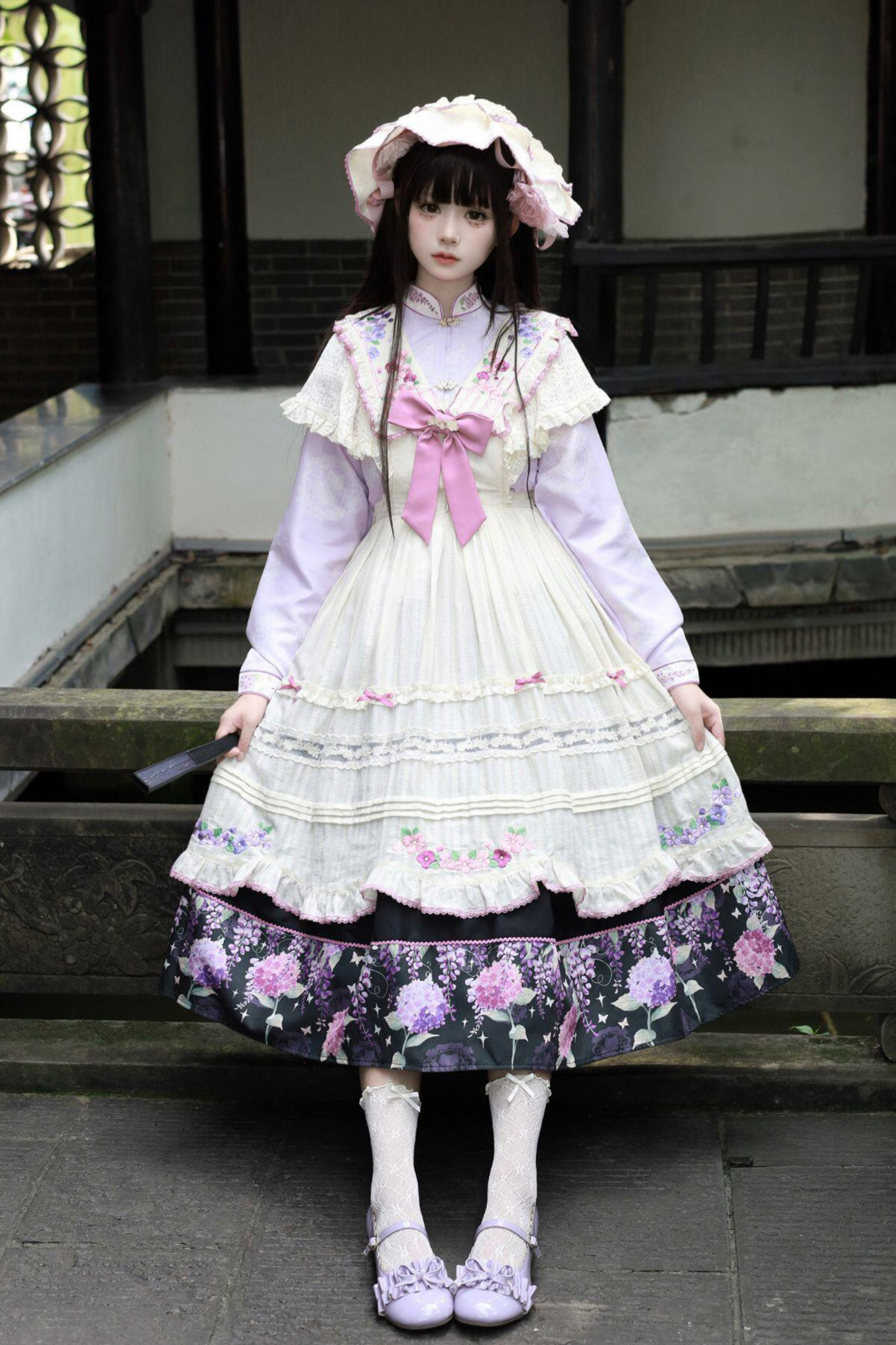 Chinese-style Lolita Top + Skirt + Apron + Headband + Bonnet