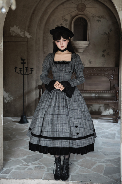 Plaid Fishbone Chest Jsk + Dress + Innerwear + Ribbon + Hat