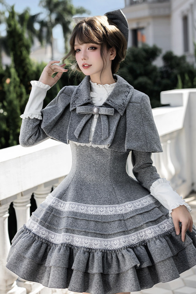 Ruffled Cape Coat + Dress + Hair Accessories + Brooch