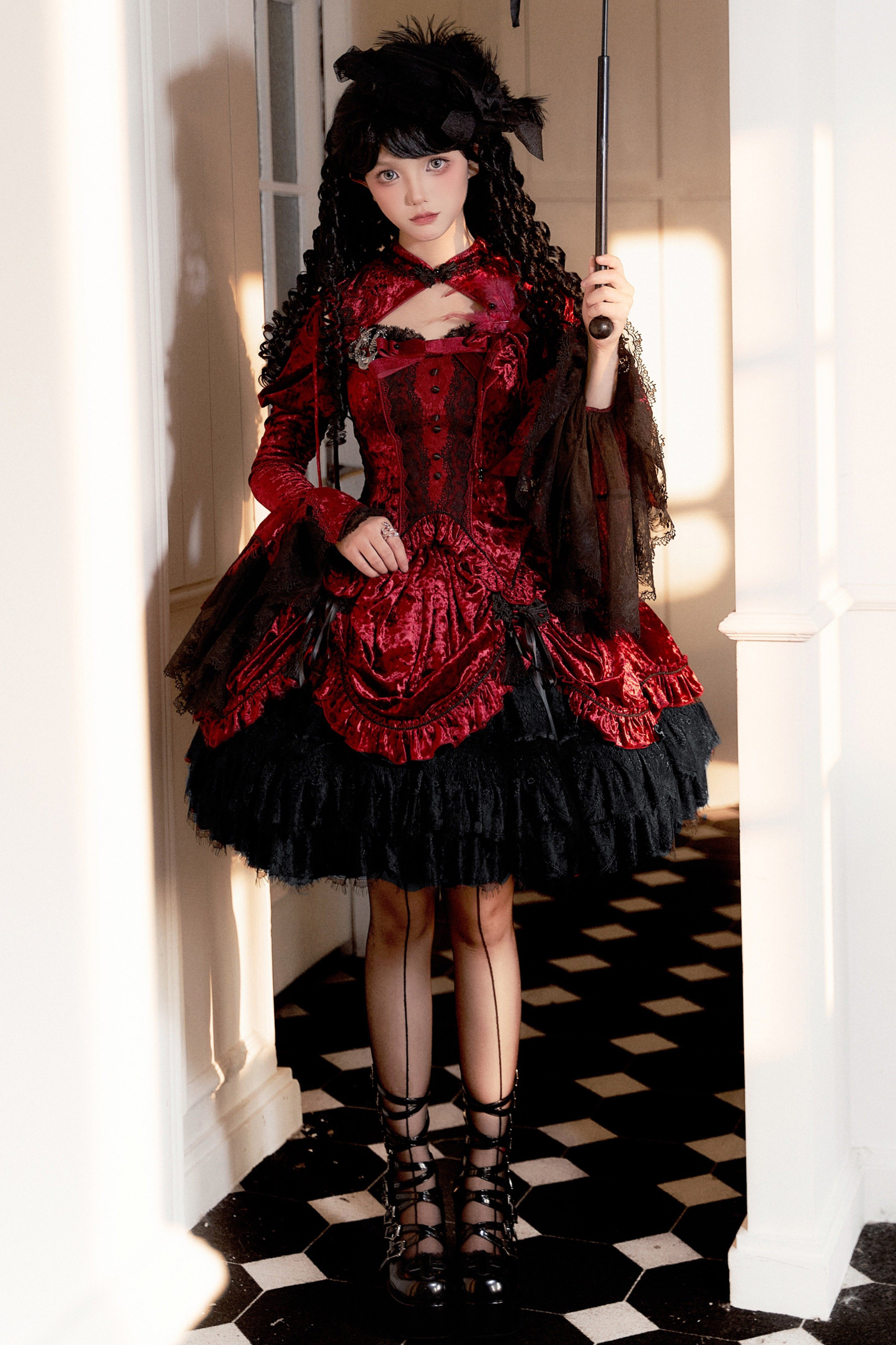Gothic Velvet Sleeve Lolita Top + Vest + Skirt
