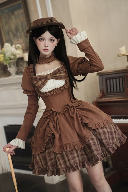 Sweet Checked Doll Dress + 2-way Ribbon + Bow + Hat