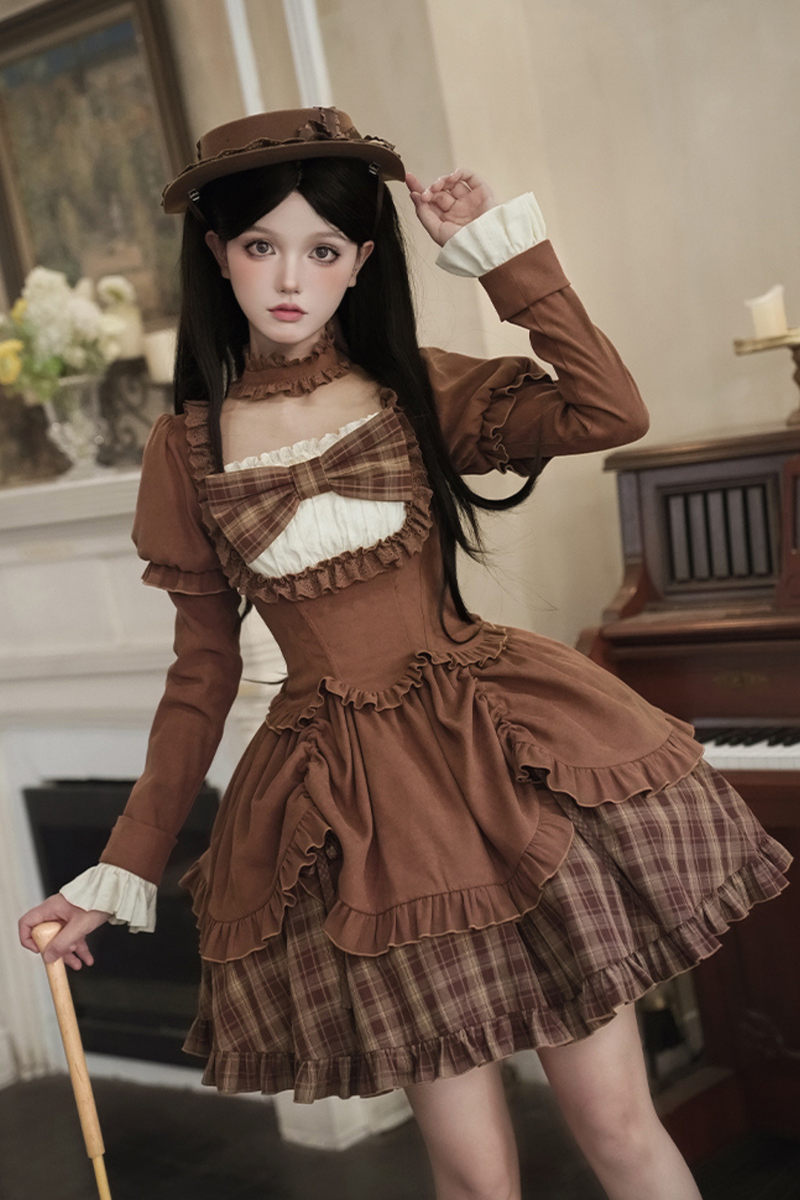 Sweet Checked Doll Dress + 2-way Ribbon + Bow + Hat