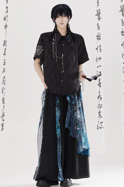 Dark Chinese-style Shirt + Wide Leg Pants + Chain + Belt