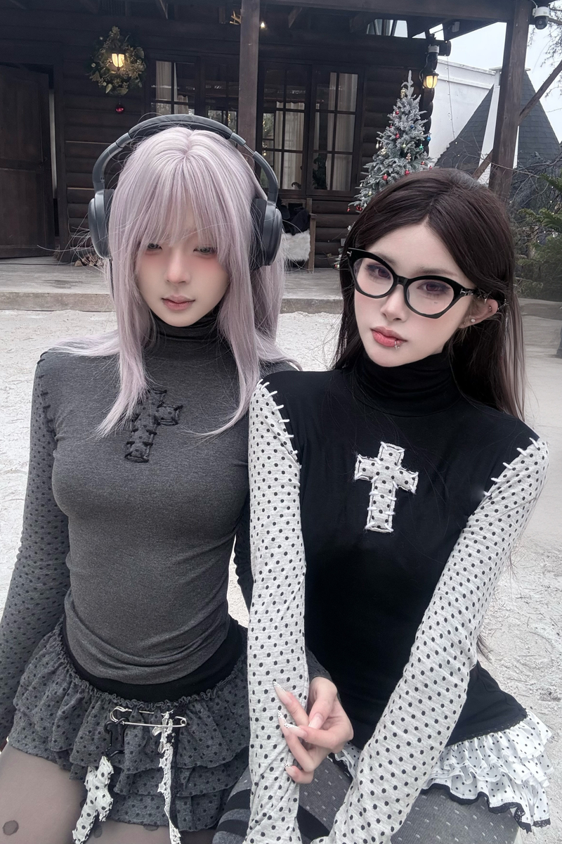 Cross Dot Turtleneck Top + Skirt + Pendant