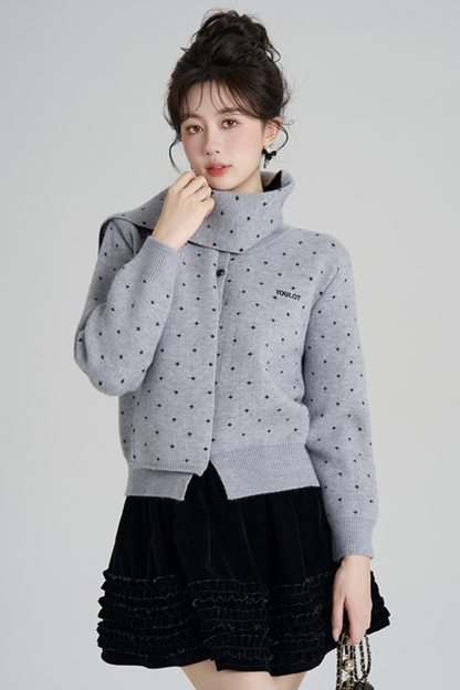French Style Dotted Cardigan With Scarf